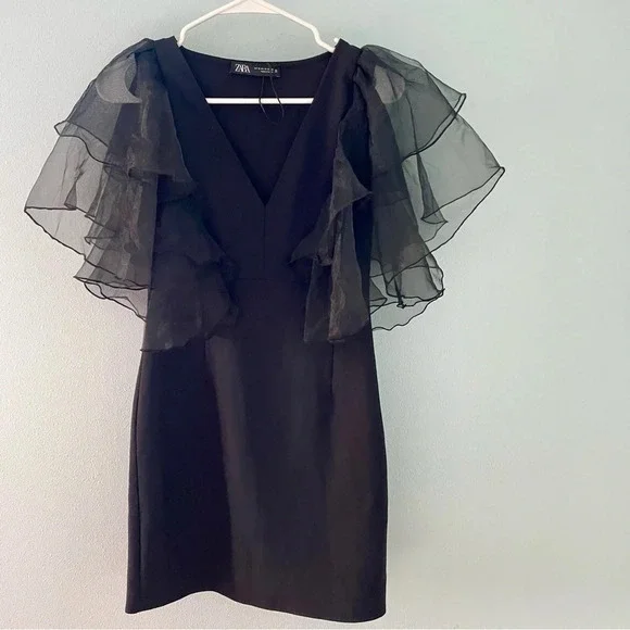 ZARA Black Mini Dress With Organza Sleeves size XS - Picture 2 of 11
